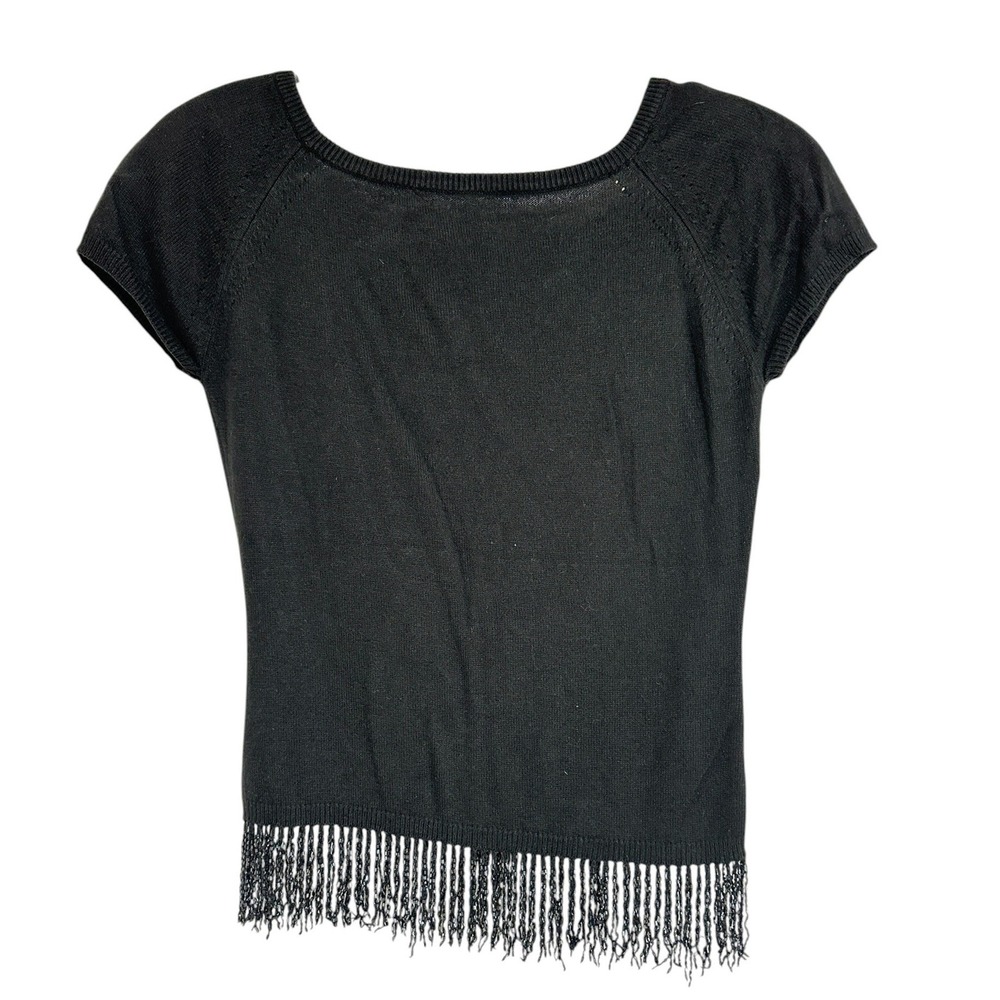 Black Beaded Fringe Hem Knit Top Cropped Fitted Boho Y2K Whimisgoth JR XS S
